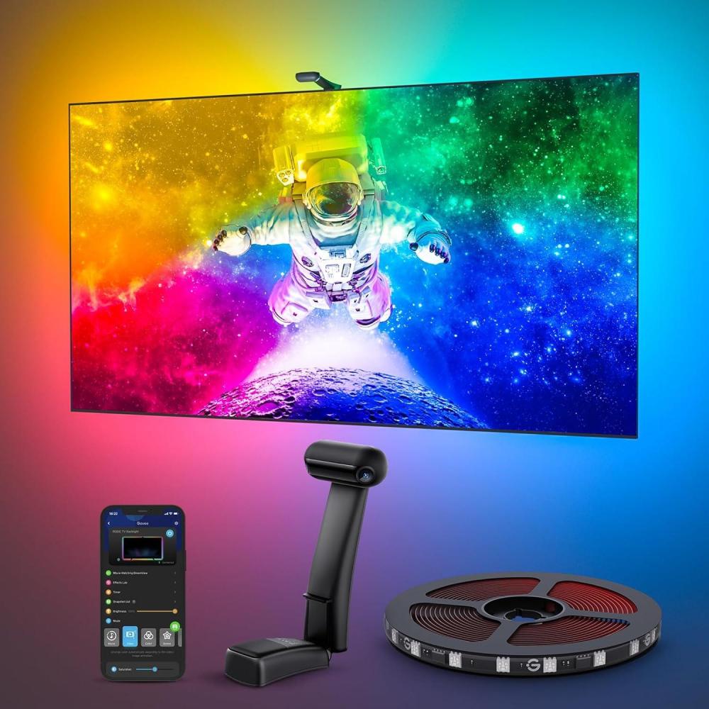 imageGovee Envisual TV LED Backlight T2 with Dual Cameras 118ft RGBIC WiFi LED Strip Lights for 5565 inch TVs Double Strip Light Beads for Home Decorations Smart App Control Music Sync21FT for 98100 TV