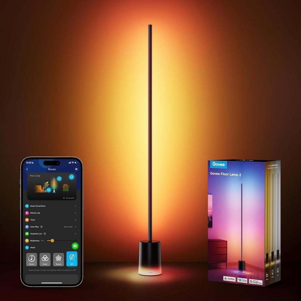 imageGovee Floor Lamp 2 with Matter RGBIC Warm Cool White LED Alexa Compatible 1725lm Music Sync Scene Modes Smart Floor Lamp for Living Room Bedroom Silver1 PackBlack