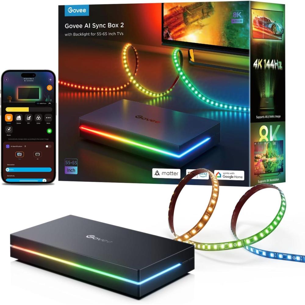 imageGovee HDMI 21 Sync Box 2 AI Sync Box with TV Backlight Supports 8K60Hz 4K144Hz VRR and ALLM Works with Matter and Alexa RGBIC LED Light Strip for 5565 inch TVs 75 LEDsm118FT for 5565 TV