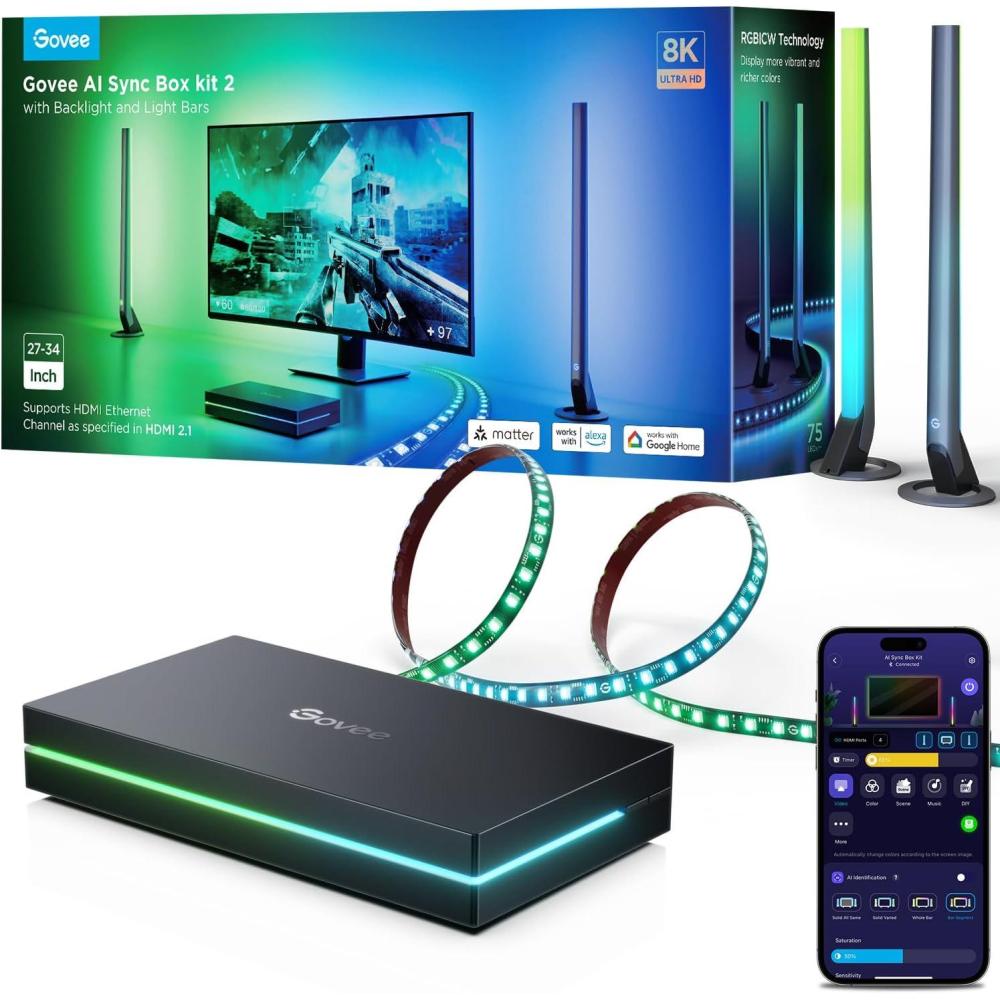 imageGovee HDMI 21 Sync Box Kit 2 Includes AI Sync Box Light Bars and Monitor Backlight Supports 8K60Hz 4K144Hz VRR and ALLM Works with Matter and Alexa RGBIC Light Strip for 2734 inch Monitor
