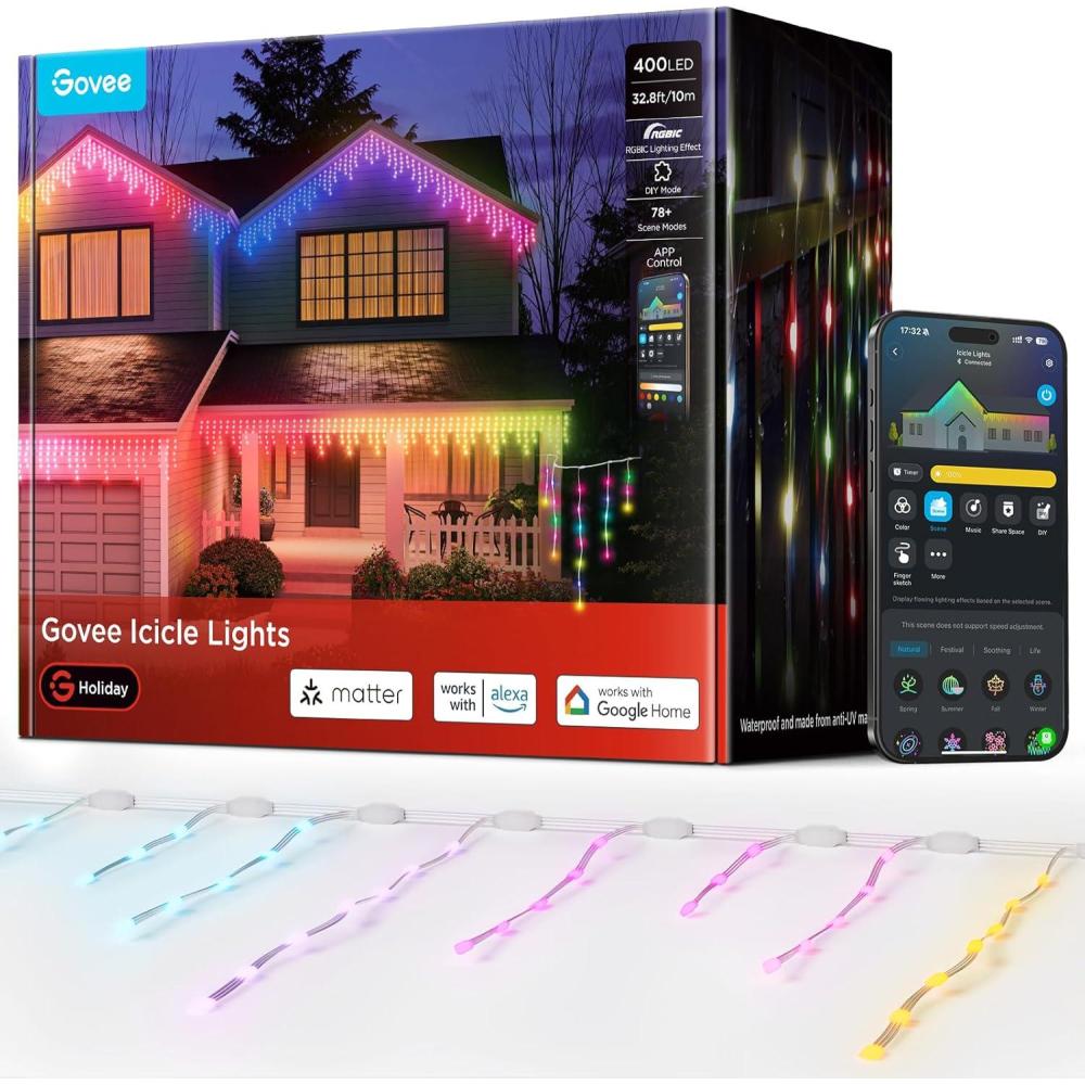 imageGovee Icicle Lights Smart RGBIC Christmas Lights for Outside 66ft with 800 LEDs Christmas Icicle Light for Outdoor IP67 Waterproof Music Sync Voice Control 78 Scene Modes for Holiday Decor33ft
