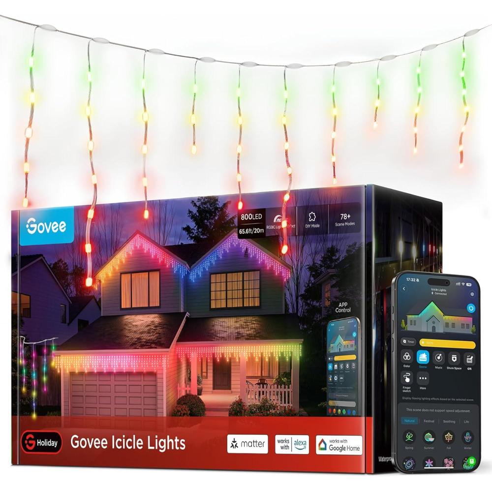 imageGovee Icicle Lights Smart RGBIC Christmas Lights for Outside 66ft with 800 LEDs Christmas Icicle Light for Outdoor IP67 Waterproof Music Sync Voice Control 78 Scene Modes for Holiday Decor66ft