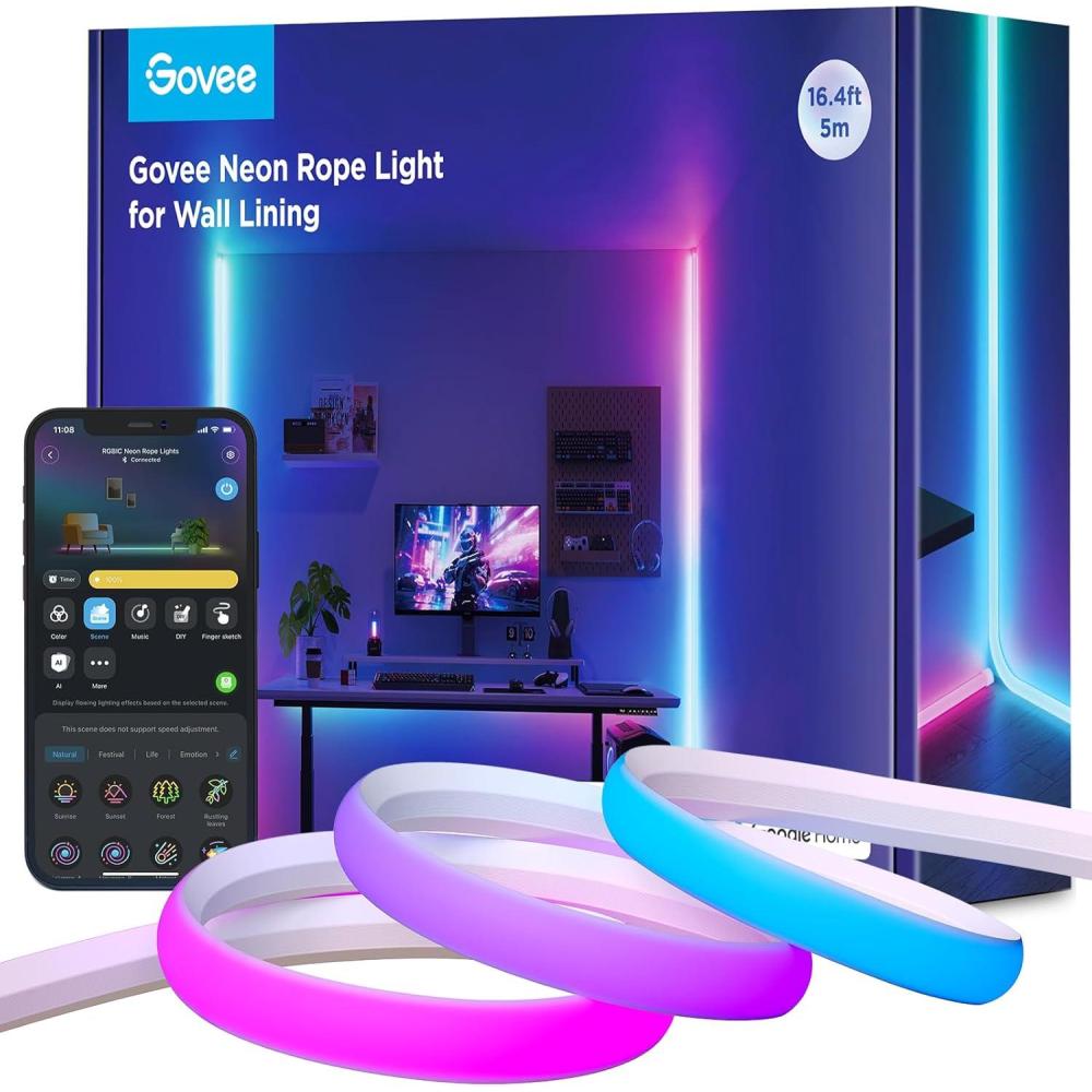 imageGovee Neon Rope Light for Wall Lining LED Rope Lights Work with Matter Google Assistant Alexa 164ft RGBIC Strip Lights with Smart App Control and Music Sync for Living Room Bedroom Wall Corners