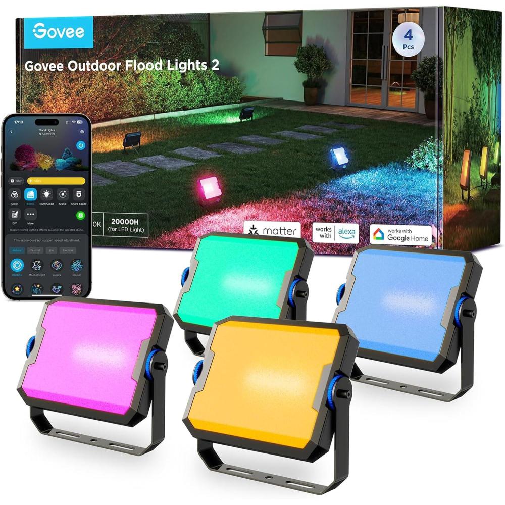 imageGovee Outdoor Flood Lights 2 RGBIC Warm Cold White LED Lights for Outdoor Decorations 50 Scene Modes Landscape Lighting Upgrated IP66 with App Control Wired 4 Pack4 pack