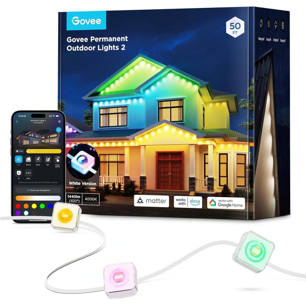 imageGovee Permanent Outdoor Lights 2 100ft RGBIC Outdoor Lights with 72 LED Lights IP67 Waterproof 100 Scene Modes with 40lm White for Outdoor Decorations Works with Alexa Google Assistant WhiteWhite