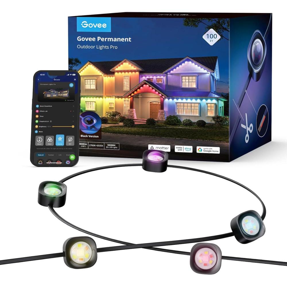 imageGovee Permanent Outdoor Lights Pro 200ft with 120 RGBIC LED Lights for Daily and Accent Lighting 75 Scene Modes for Outdoor Decor IP67 Waterproof Works with Alexa Google Assistant Matter WhiteBlack