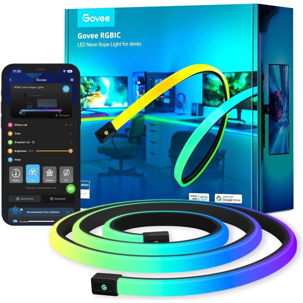imageGovee RGBIC Gaming Lights 10ft Neon Rope Lights Soft Lighting for Gaming Desks LED Strip Lights Syncing with Razer Chroma Support Cutting Smart App Control Music Sync Adapter Only 24G WiFi164ft