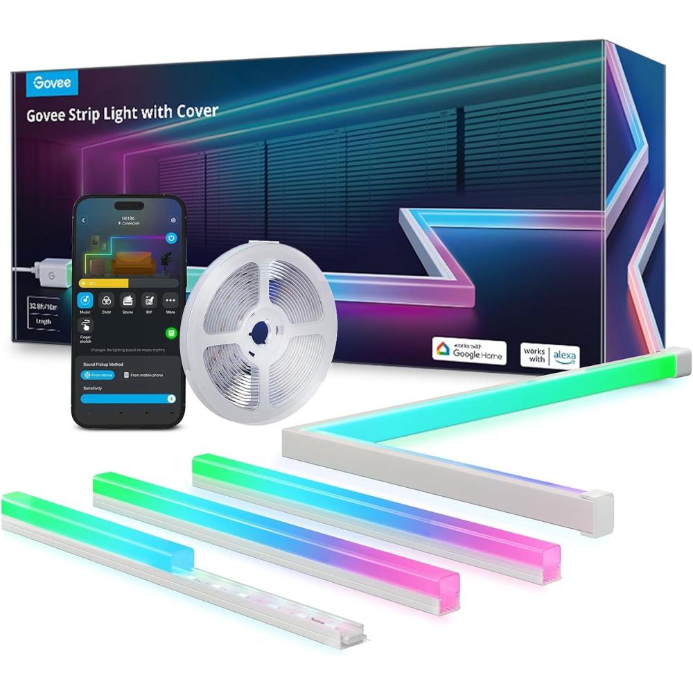imageGovee RGBIC LED Strip Lights 164ft with Covers Smart LED Lights for Bedroom Work with Alexa and Google Assistant LED Diffuser Channel with Srtip Lights Skirting Lines Studio Cabinet328ft