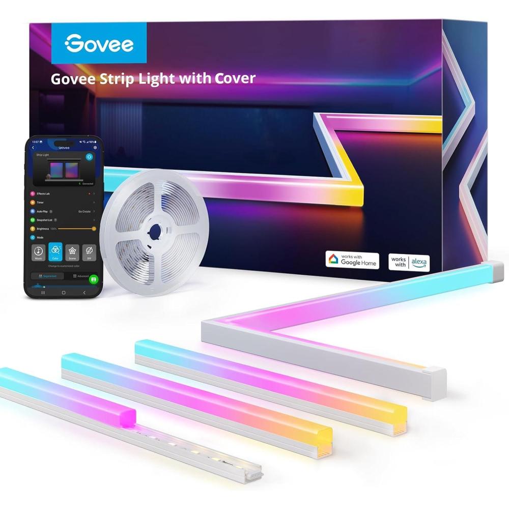 imageGovee RGBIC LED Strip Lights 164ft with Covers Smart LED Lights for Bedroom Work with Alexa and Google Assistant LED Diffuser Channel with Srtip Lights Skirting Lines Studio Cabinet164ft