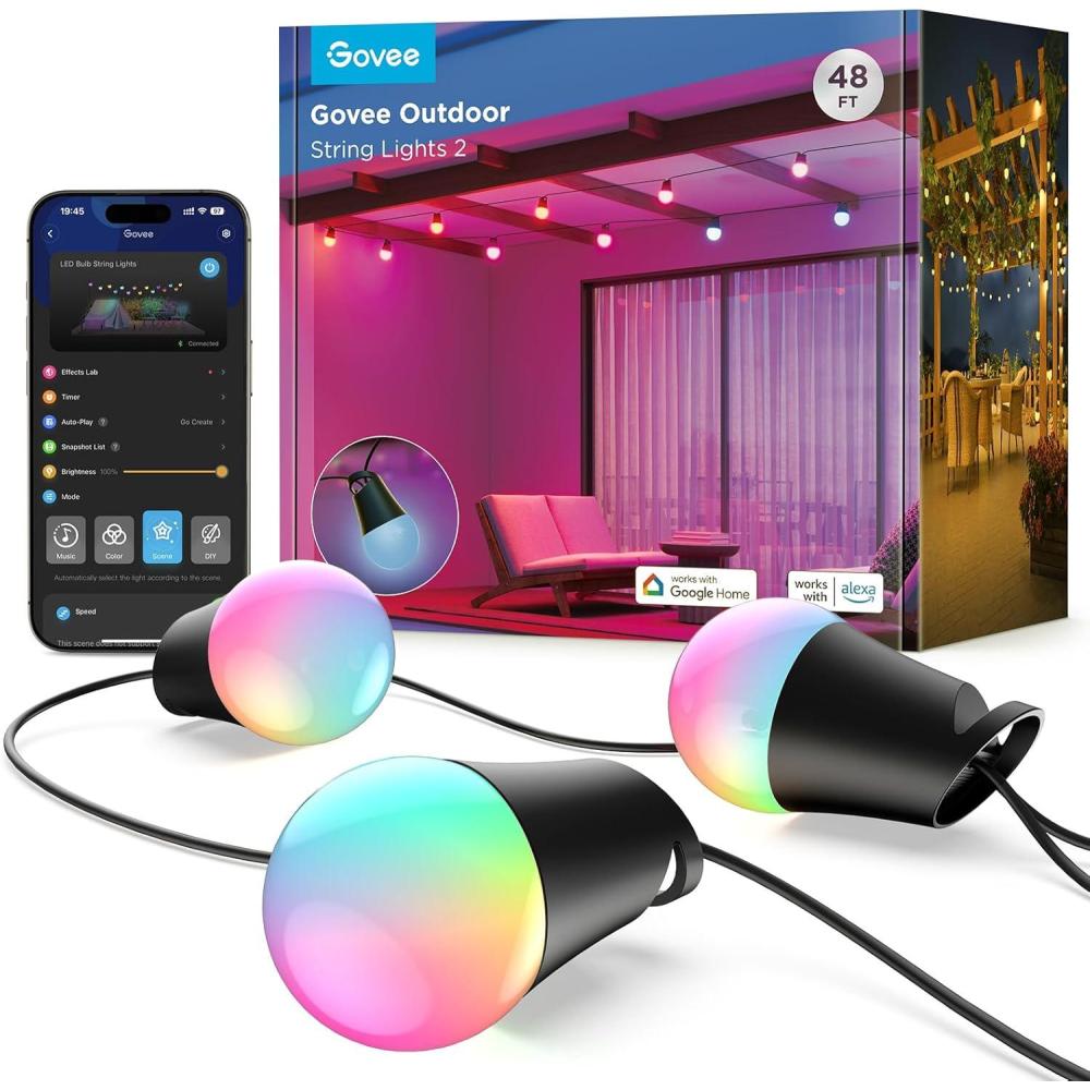 imageGovee Smart Outdoor String Lights 2 144ft Outdoor Lights with Dimmable Warm White LED Bulbs 47 Scene Modes for Patio Backyard Balcony IP65 Waterproof Works with Alexa App Control48ft