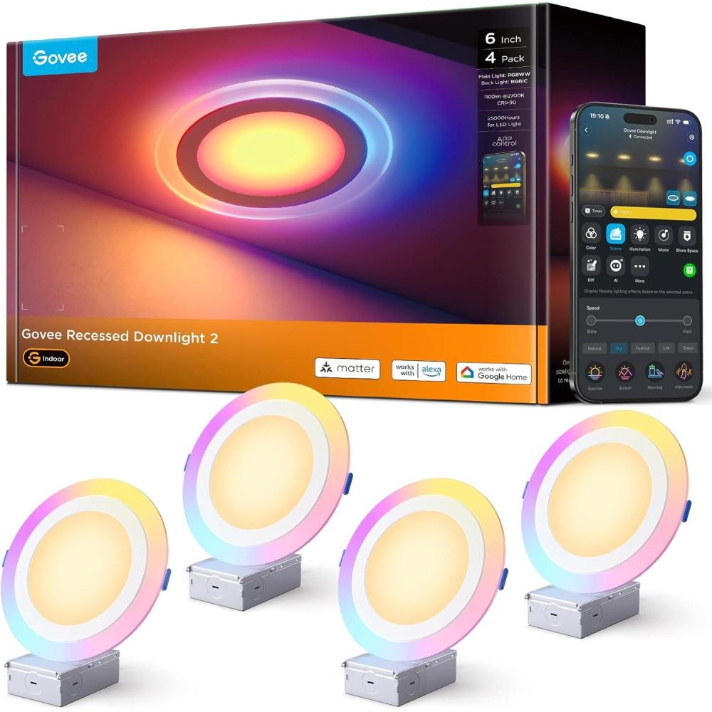 imageGovee Smart Recessed Lighting 6 Inch Matter RGBIC LED Recessed Light Work with Alexa Google Assistant Dimmable 1100LM Canless Downlight with Junction Box for Living Room Bedroom Kitchen 4 Pack6 Inch