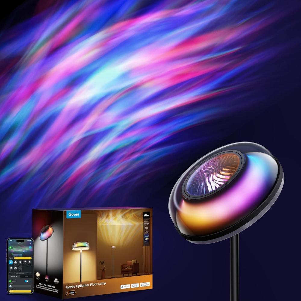 imageGovee Uplighter Floor Lamp for Living Room RGBIC Ripple Projector Floor Lamp for Bedroom Works with Matter 215 ft Light Area 1000lm LED Modern Corner Floor Light Warm Cool White Standing Lamp