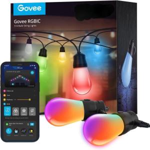 imageGovee Smart Outdoor String Lights H7015 48ft RGBIC Outdoor Lights with 15 Dimmable LED Bulbs IP65 Waterproof Color Changing Warm White Lights with 47 Scene Modes for Patio Backyard App Control48ft