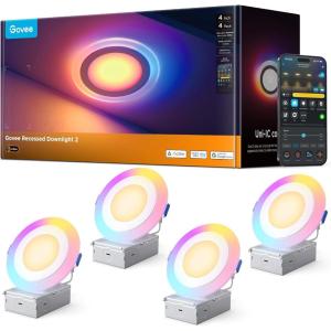 imageGovee Smart Recessed Lighting 6 Inch Matter RGBIC LED Recessed Light Work with Alexa Google Assistant Dimmable 1100LM Canless Downlight with Junction Box for Living Room Bedroom Kitchen 4 Pack4 Inch