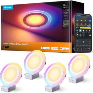 imageGovee Smart Recessed Lighting 6 Inch Matter RGBIC LED Recessed Light Work with Alexa Google Assistant Dimmable 1100LM Canless Downlight with Junction Box for Living Room Bedroom Kitchen 4 Pack6 Inch