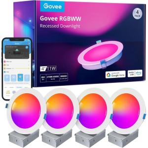 imageGovee Smart Recessed Lighting 6 Inch WiFi Bluetooth Direct Connect RGBWW LED Downlight 65 Scene Mode Canless Recessed Light Work with Alexa ampamp Google Assistant with Junction Box 1100 Lumen 4 Pack4 Inch