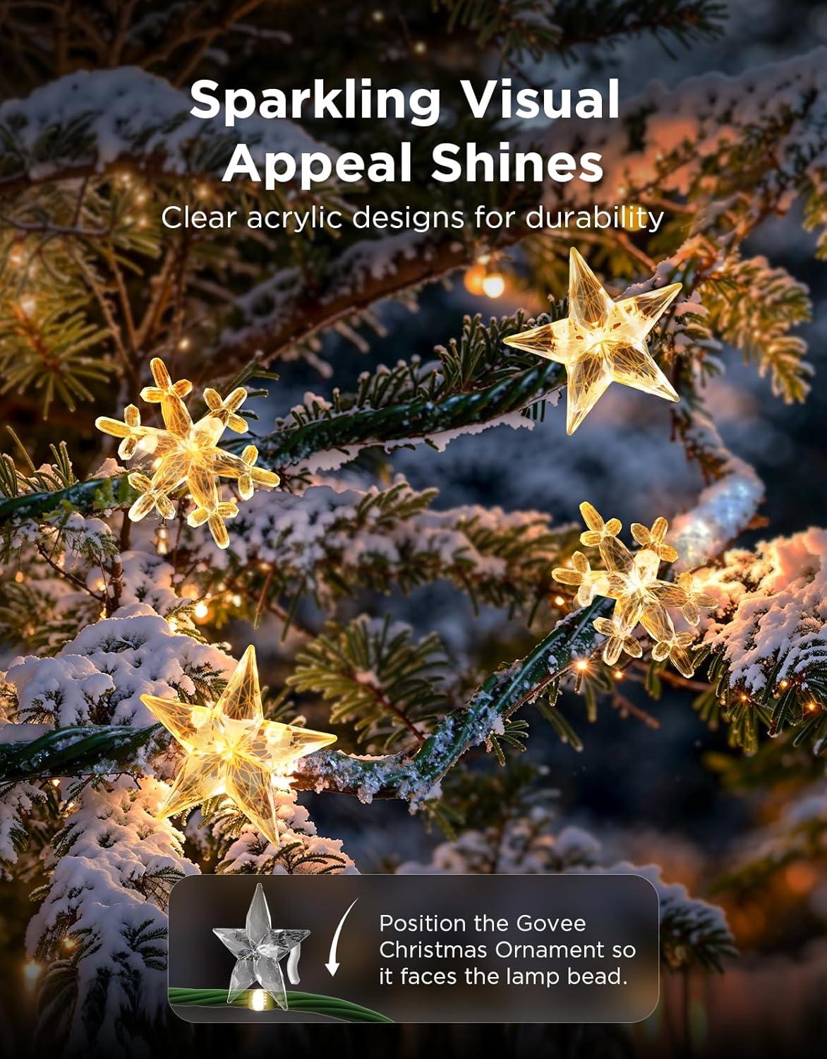 imageGovee Christmas Ornaments for Govee Christmas Lights 30Pcs Clear Wire Clips Supports Models H70C2 H70C4 H70C5 H70C7 H70C9 Includes 15pcs Clear Snowflakes and 15pcs Stars for Decor