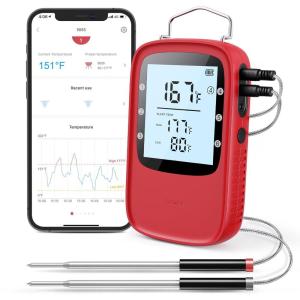 imageGovee Bluetooth Meat Thermometer Wireless Meat Thermometer for Smoker Oven Digital Grill Thermometer with 2 Probes Timer Mode Smart LCD Backlight BBQ Thermometer for Cooking Turkey Fish BeefRed