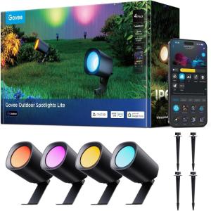 imageGovee Outdoor Spotlights Lite 4 Pack IP67 Waterproof Spotlights Landscape Lighting Compatible with Matter and Google Assistant RGBWIC Color Changing Light for Outdoor Decor Patio Decor